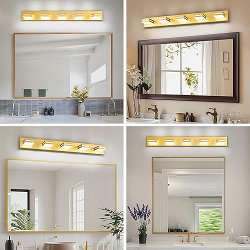 Miniatura 36 de Lámparas LED modernas para tocador (3 lámparas, 24 pulgadas), accesorios de iluminación para pared de baño acrílico dorado sobre espejo