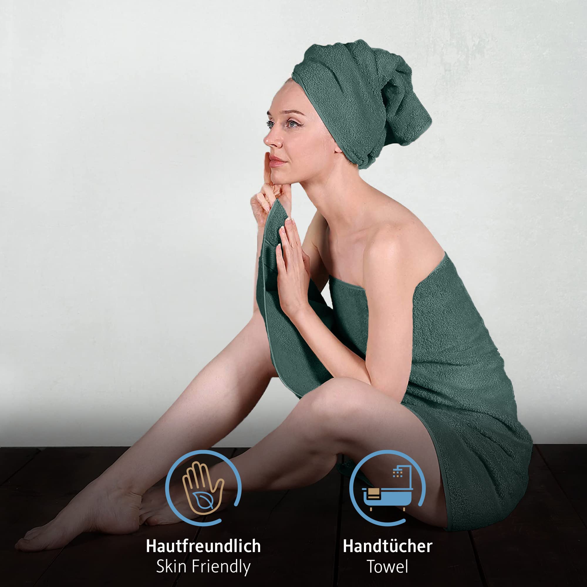 Komfortec Juego de 8 Toallas de Mano de 100% algodón, 4 Toallas de baño de 70 x 140 cm y 4 Toallas de 50 x 100 cm, de Rizo, Suave, Toalla Grande, Verde Oscuro