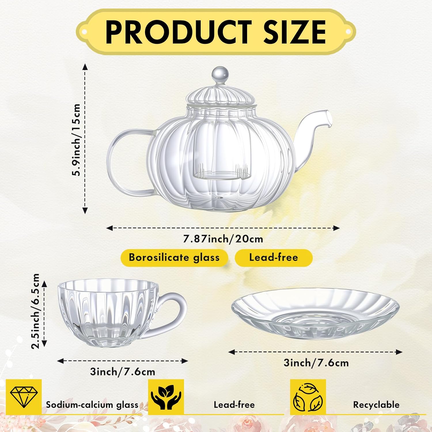 Glass Teapot Set 34 Oz/1000 ml Tea Kettle with Removable Infuser Tea Cups and Saucers Set of 6 Borosilicate Glass Pot for Blooming & Loose Leaf