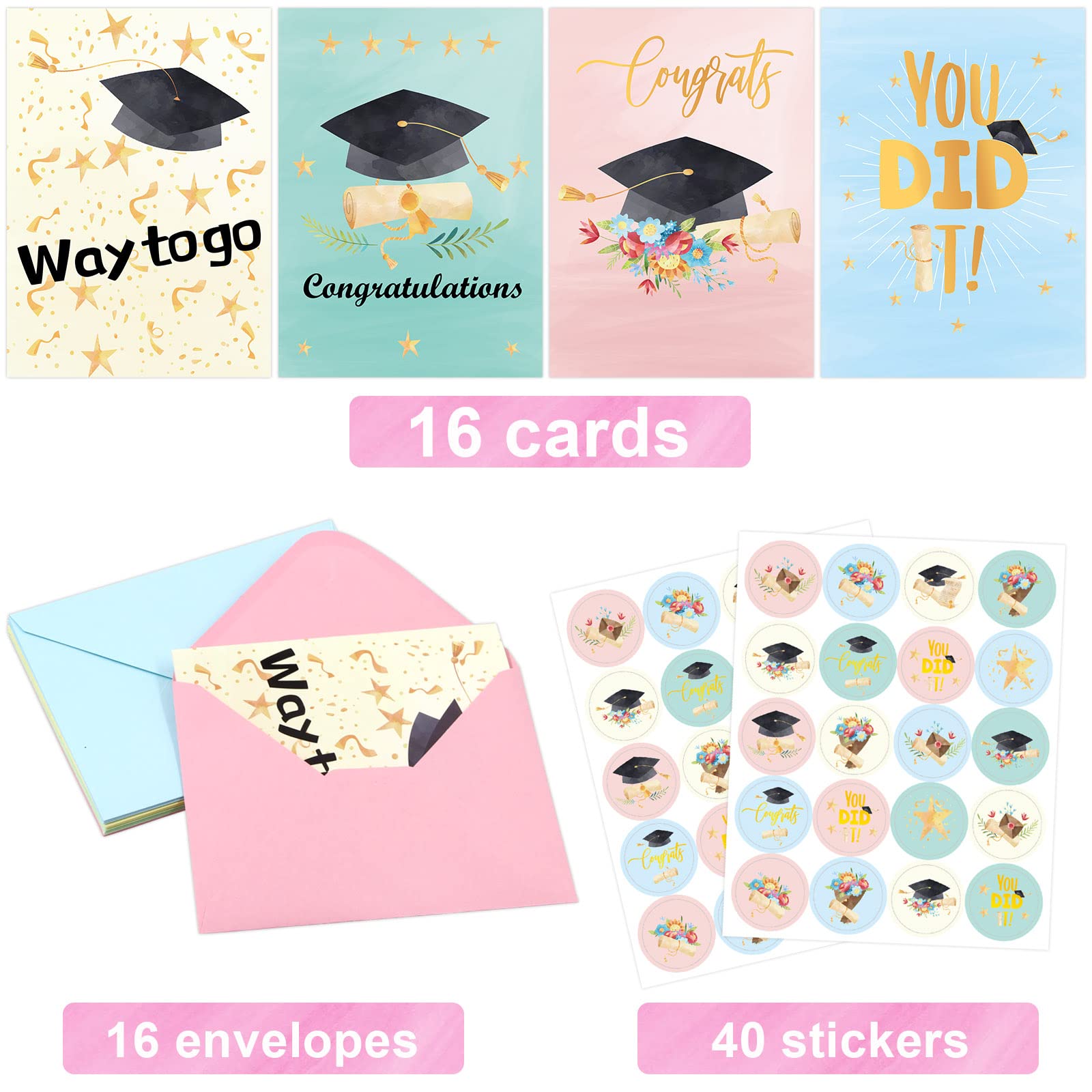 16 Pack Graduation Cards With Envelopes - Gold Foil Watercolor Design