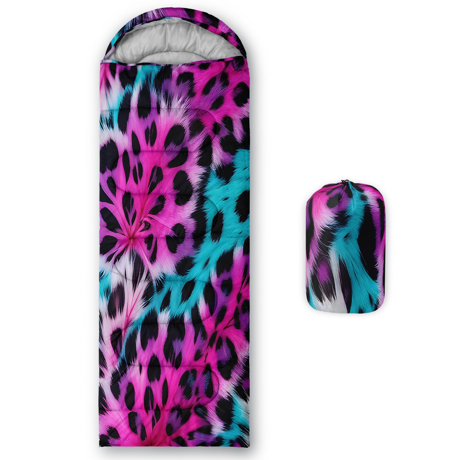 QOOMO Pink Leopard Print Printed Camping Sleeping Bags,3 Season Warm & Cool Weather,Lightweight,Waterproof Sleeping Bags for Adults & Kids,Traveling,and Outdoors,31x90inch