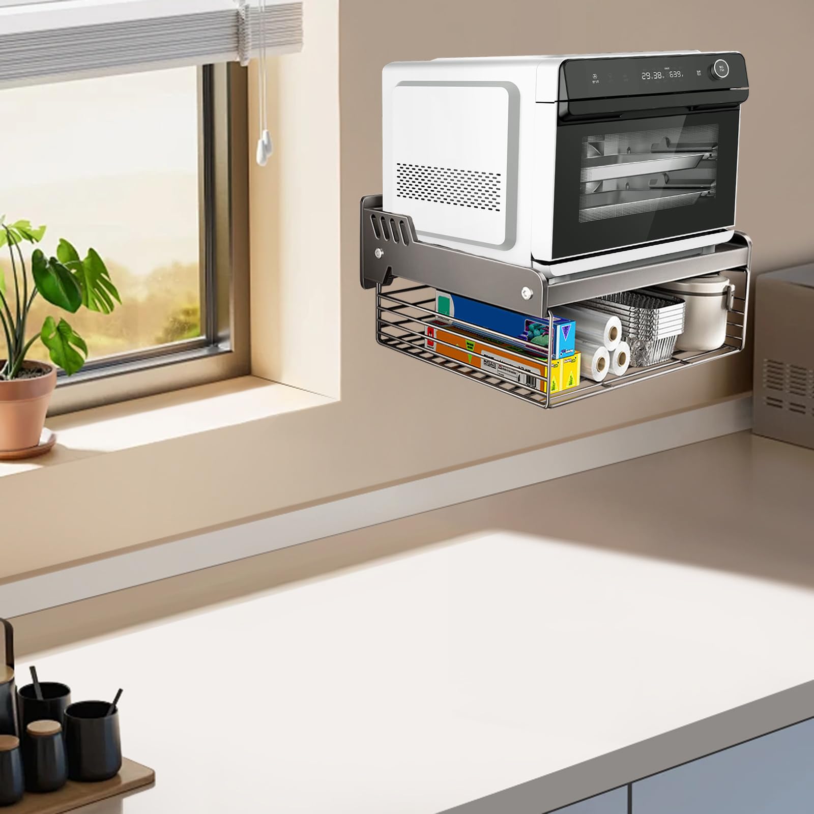 Mensola Microonde, Mensola Due Livelli Microonde da Parete con Cestino di Stoccaggio Supporto a Muro per Forno a Microonde, Ripiani Salvaspazio e Mobile Cucina