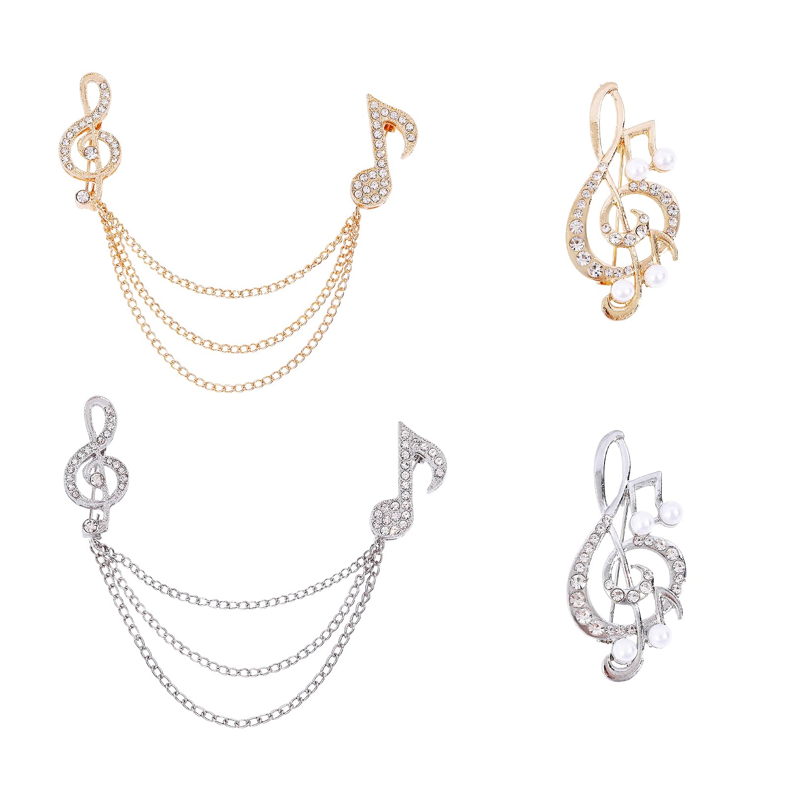 Set di 4 spille a forma di nota musicale, per donne e uomini, con strass di cristallo, con catena di perle, per camicia, cravatta, cappello e sciarpa