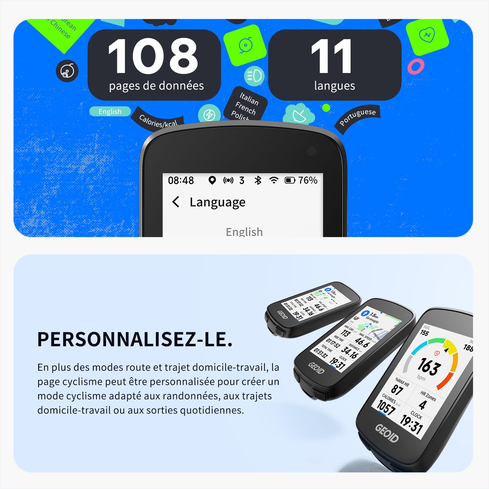 GEOID CC700 Pro GPS Compteur Velo Touchscreen 2,8 Pouces avec Cartes Complètes – Compteur Vélo GPS sans Fil avec Navigation Carte, Ant+ & Bluetooth, IPX7 Étanche, 15-25H Autonomie