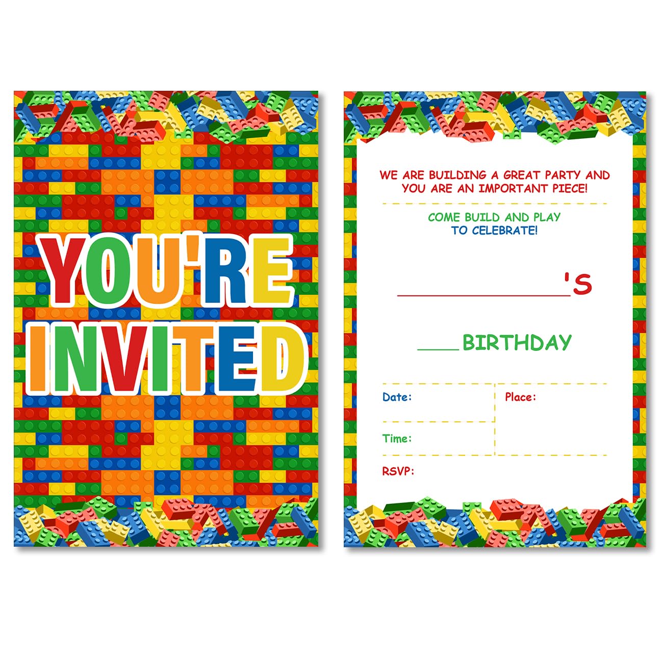 Soiceu Building Blocks Birthday Invitations, Cute Building Blocks Birthday Party Invites with Envelopes Set of 20