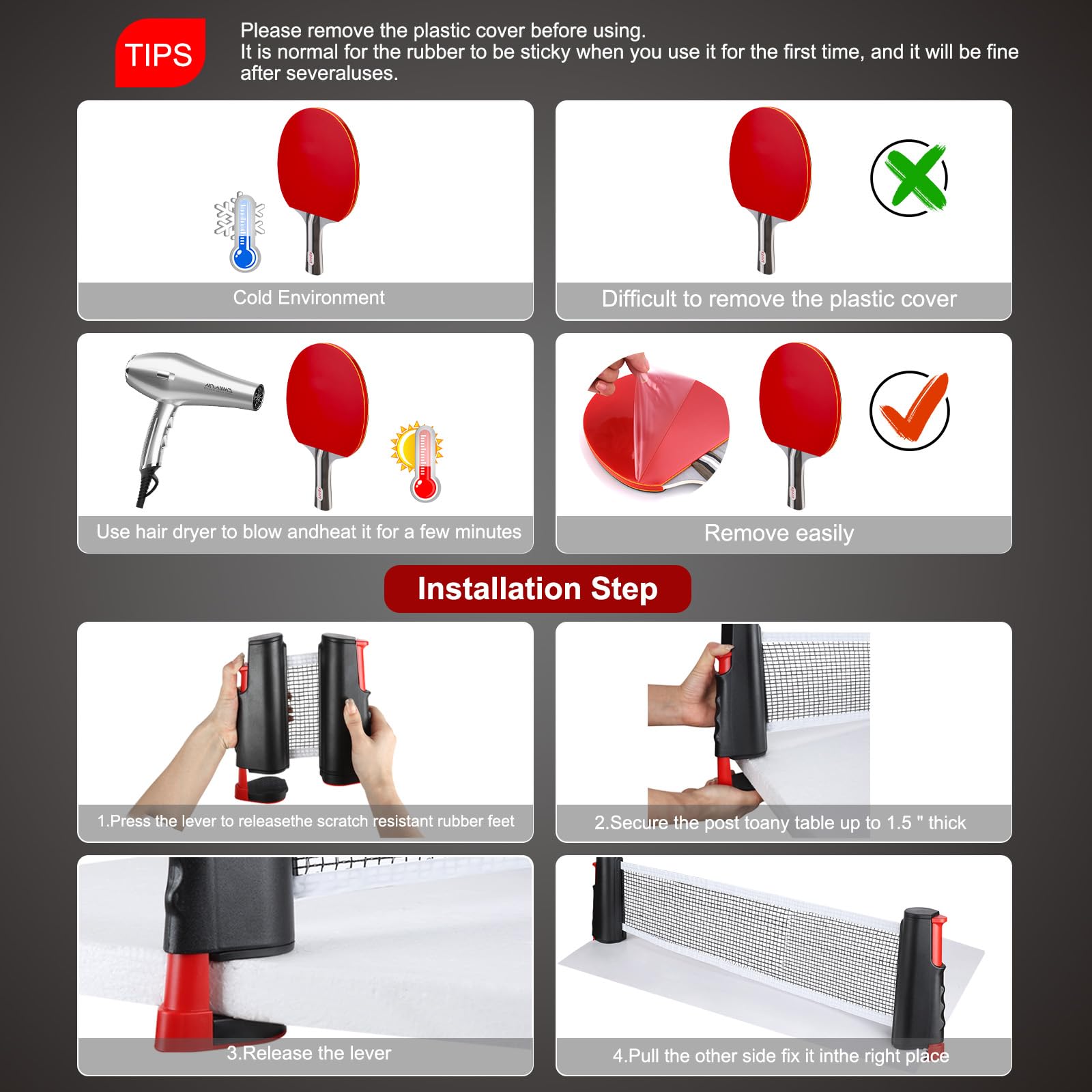 Set de Ping Pong, 2 Raquetas, 4 Pelotas, Red Plegable, Bolsa de Transporte