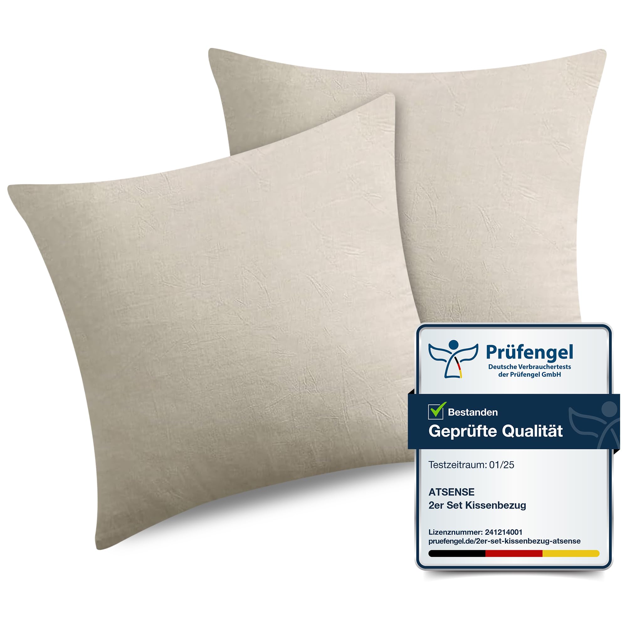ATsense Set of 2 cushion covers, 50 x 50 cm, 100% washed cotton, beige-grey pillowcase with zip, Oeko-Tex certified soft, not easily deformable — image 1