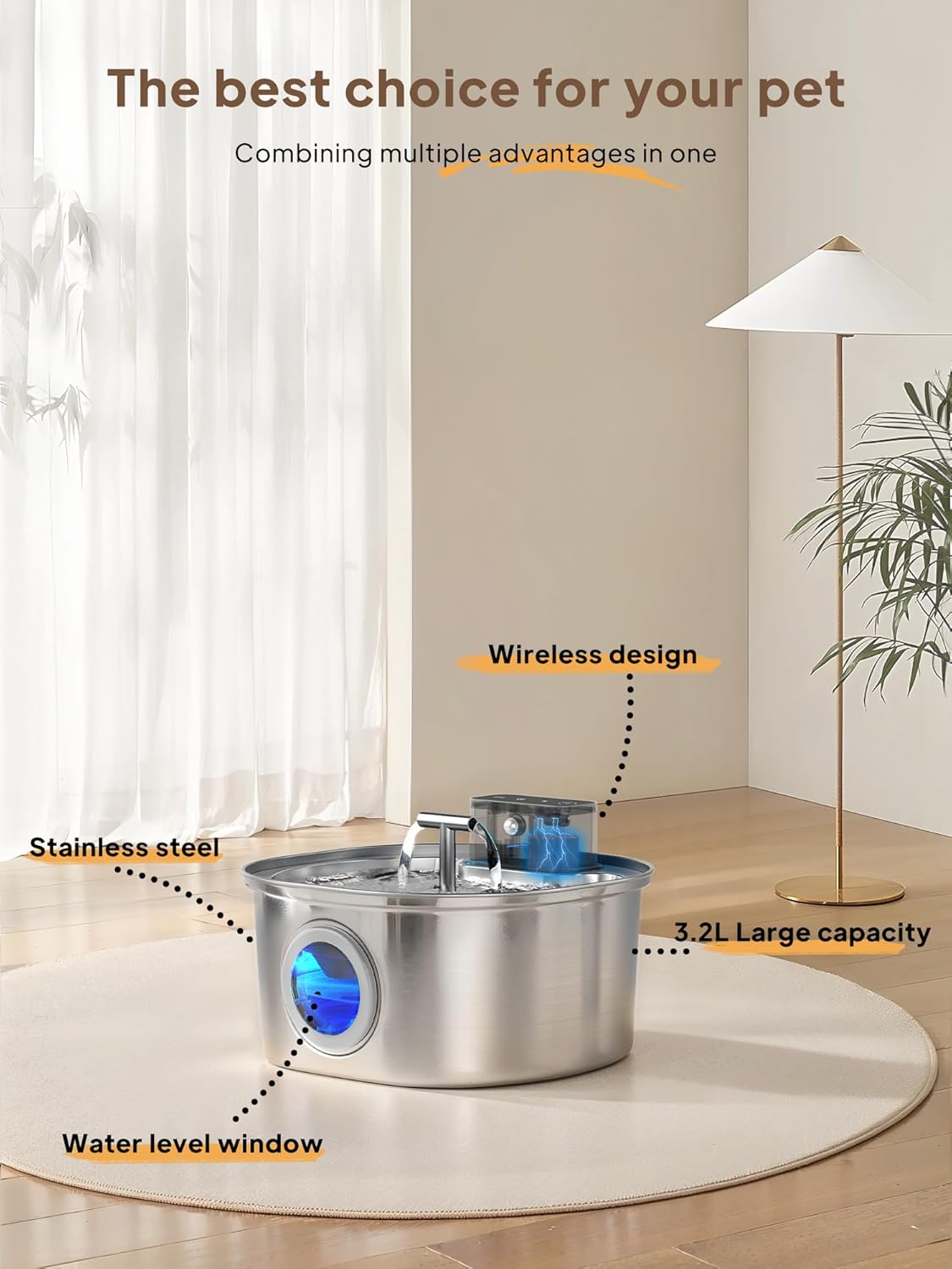 Voluas 309C Wireless Cat Water Fountain highlighting its wireless design, stainless steel construction, 3.2L capacity, and water level window.
