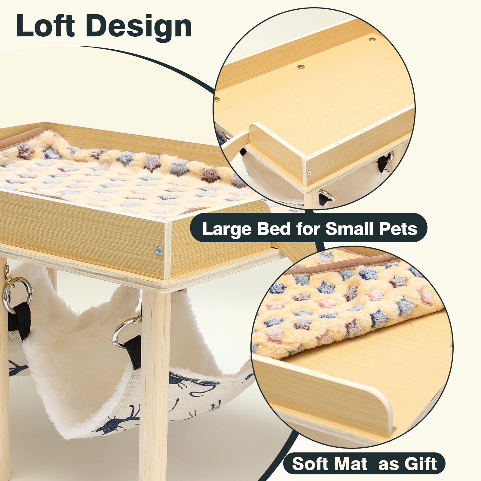 Holz Mehrstöckige Meerschweinchenburg mit Hängematte und Rampe, Versteck für Zwerghamster & Rennmäuse, Spielzeugzubehör für Meerschweinchengehege Innen, Abnehmbares Grauhaus für Kleine Haustiere
