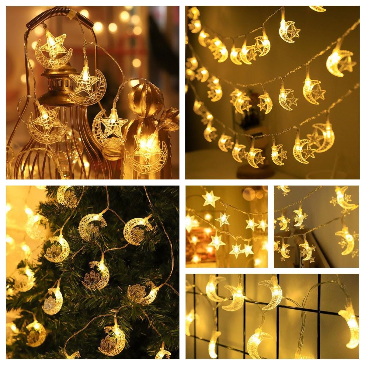 Ramadan Lights 10 m, 20 diod LED, gwiazda, księżyc, latarnia, łańcuch świetlny na baterie, wróżka, do wnętrz, Kareem, Eid, Mubarak, dekoracje do domu, na imprezę al-Fitr, ciepła biel, 03