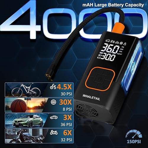 Miniatura 5 de Inflador de neumáticos inalámbrico, compresor de aire portátil, bomba de aire portátil con manómetro de luz LED, mini bomba de neumáticos de 150 PSI