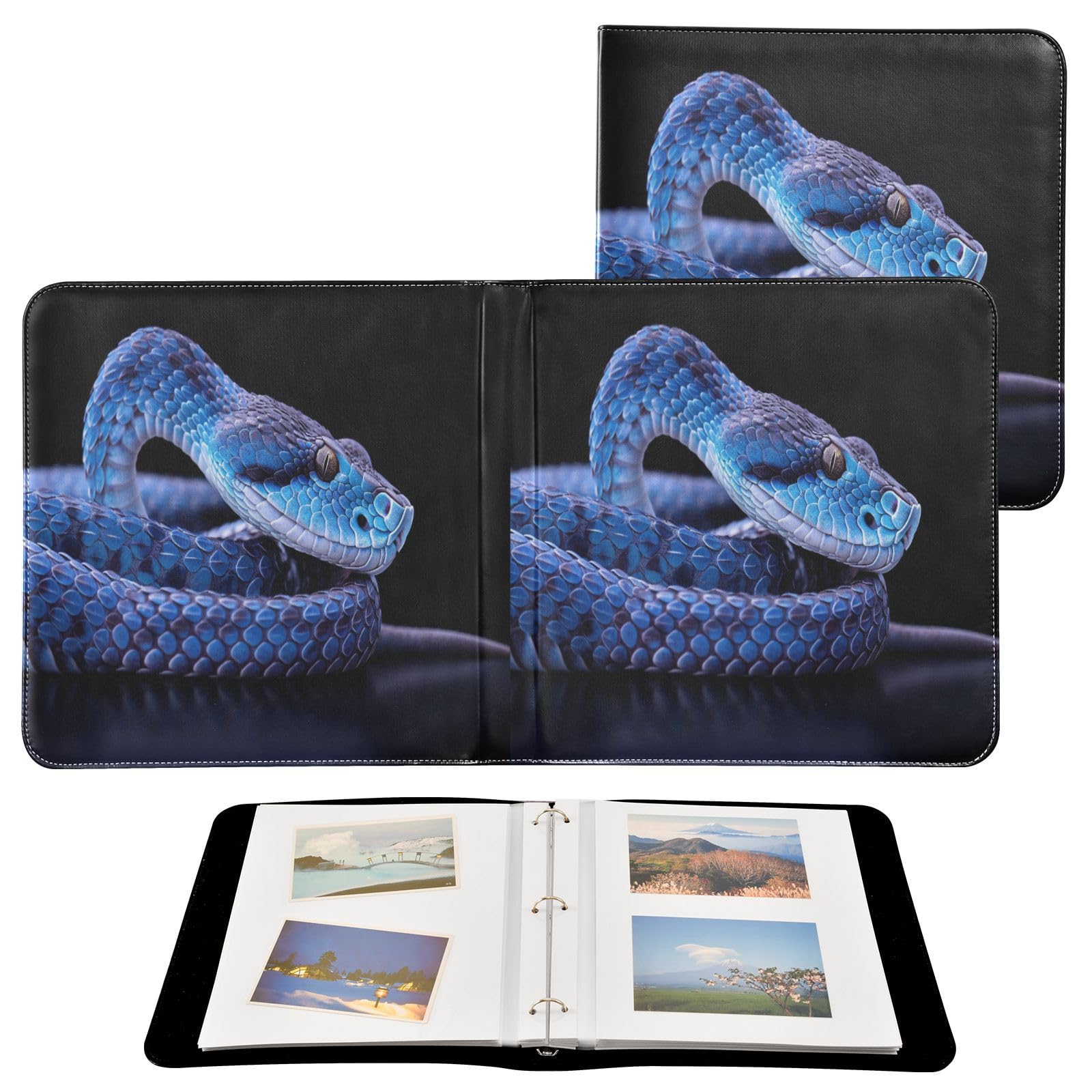 Kigai Blue Snake Photo Album Self Adhesive Scrapbook Album Leather Cover DIY Picture Scrap Book with 20 Adhesive Sheets, 11.8x24x0.8 inch