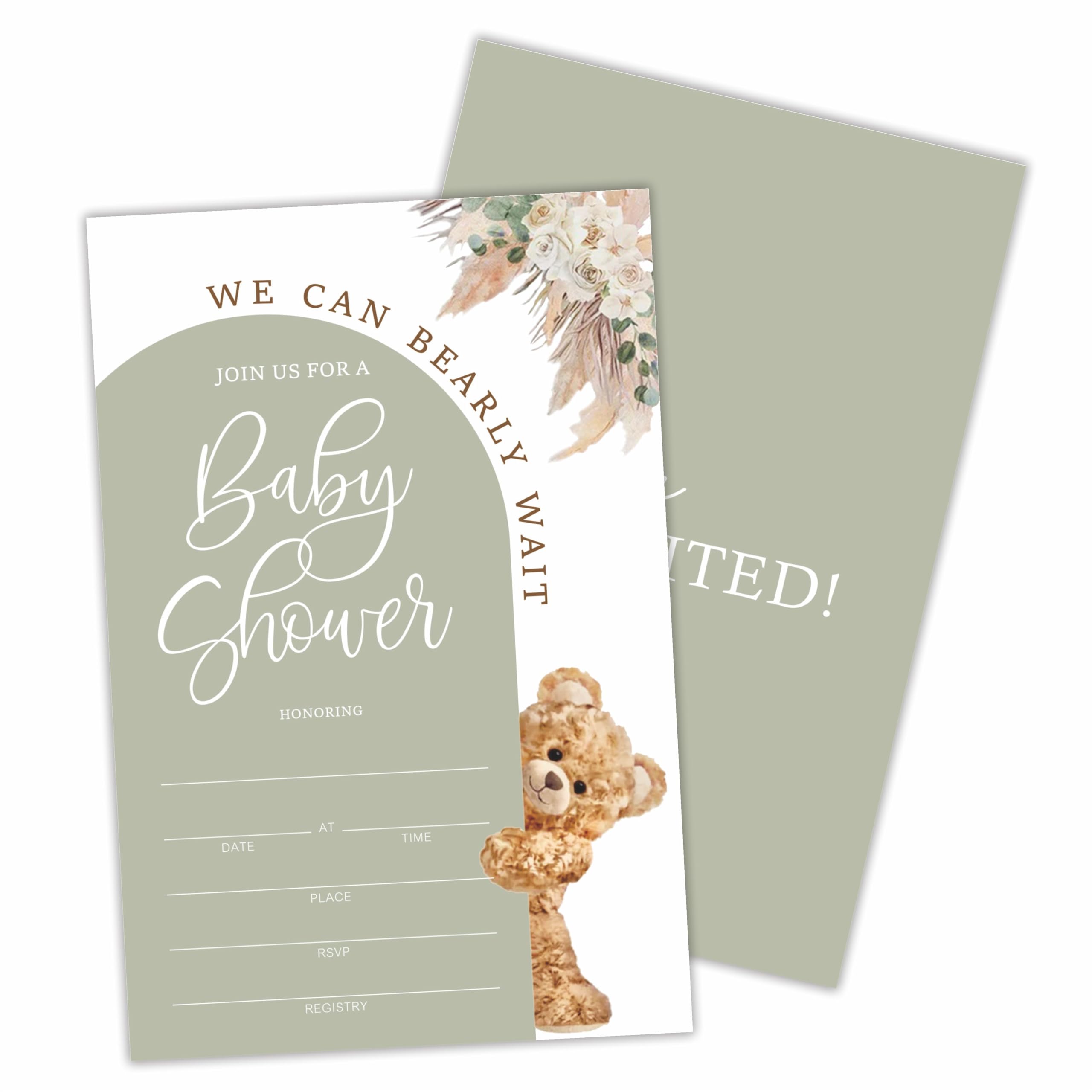 25 tarjetas de invitación para baby shower con diseño de arco verde y oso con sobres, invitaciones para baby shower, revelación de género, anuncio de bebé, recuerdo de fiesta y accesorios