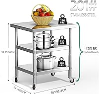 Vista 3 de YITAHOME NSF Mesa de Acero Inoxidable, 36" X 24" Mesa de Trabajo con Ruedas, 3 Estantes Estación de Trabajo de Preparación de Metal para Hogar