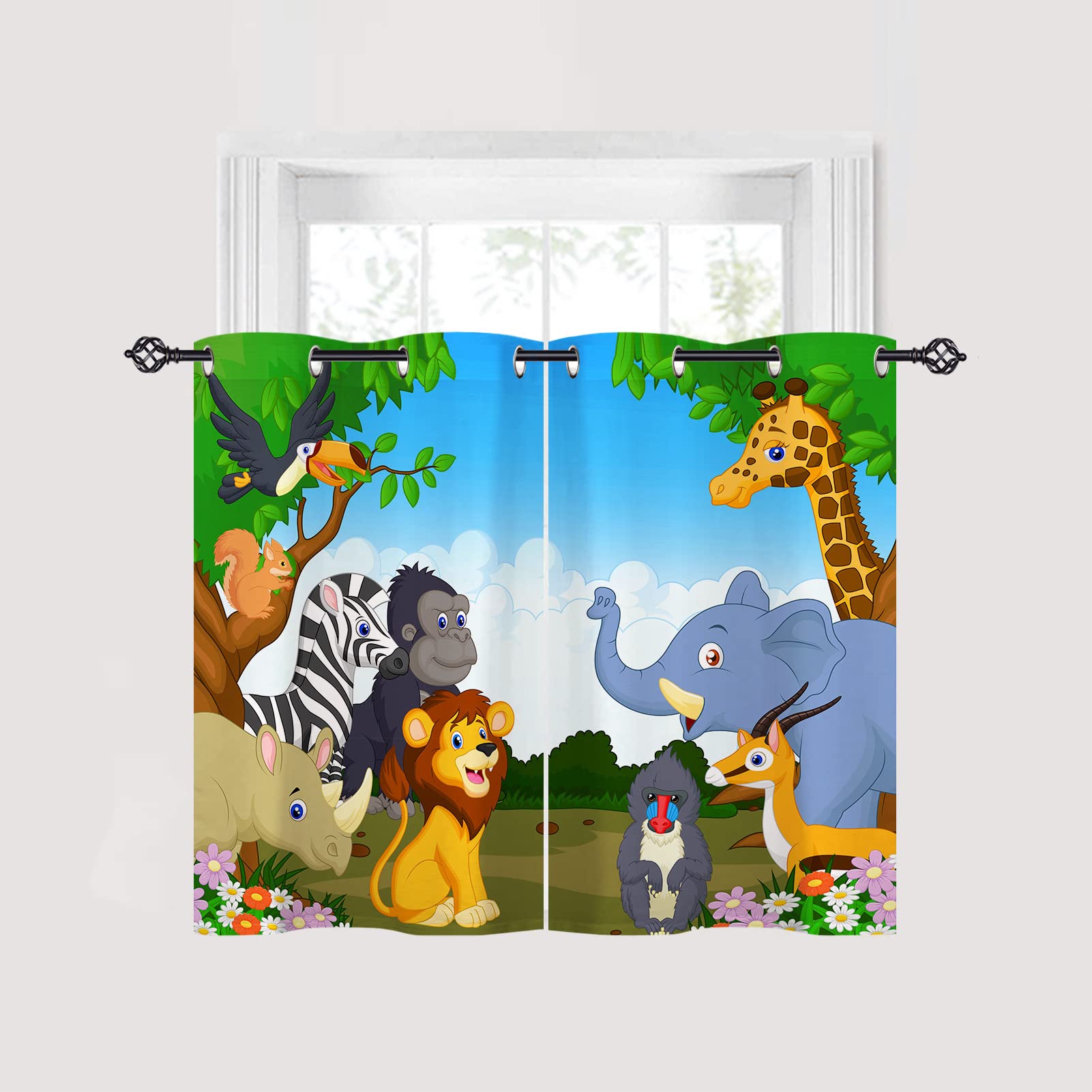 ANHOPE Animal Kitchen Curtains Grommet Waterproof Window Drapes with Jungle Safari Zoo Lion Giraffe Print Pattern Decorative Privacy Curtains for Kids Nursery Bedroom Bathroom 2 Panels 27.5 x 39 Inch