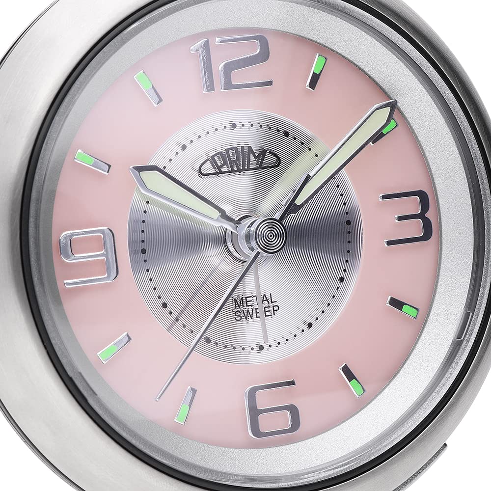 Prim Reloj Despertador analógico de Acero con LED, sin tictac, analógico, Retro, Grande, silencioso, analógico, Funciona con Pilas, Alarma de repetición de Alarma, Color Plata/Rosa, pequeño/Normal