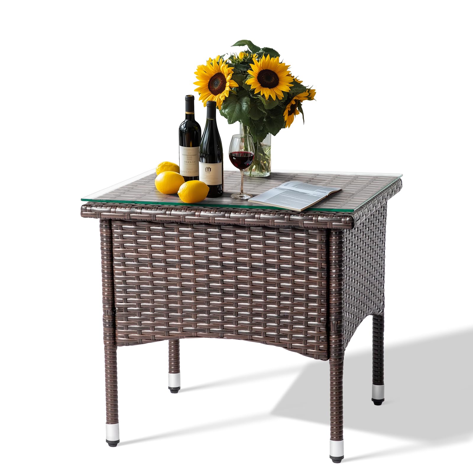 Outvita 20" Patio Coffee Table, Glass Tabletop Square Side Table, Waterproof & Rustproof, Adjustable Feet, Elegant Brown Outdoor Table for Garden