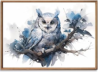 JCSMHVLA Blue Watercolor Owl Paintings Canvas Wall Art Owl Canvas Picture for Living Room Bedroom Bathroom Office Abstract Animal Painting Blue Watercolor Animal Prints 16x24in No Frame