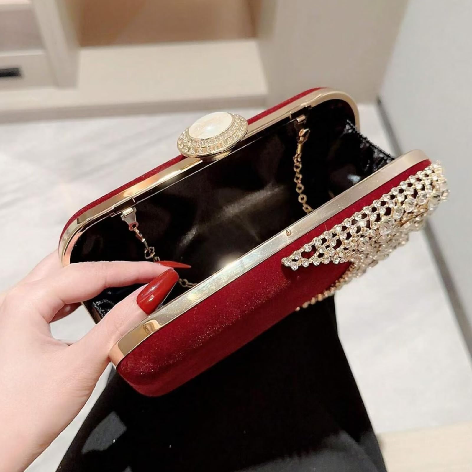 CYBHSM - Pochette da sera in velluto con strass, con catena di chiusura a perla, piccola borsa a tracolla rigida per donne, banchetto, festa, rosso nero