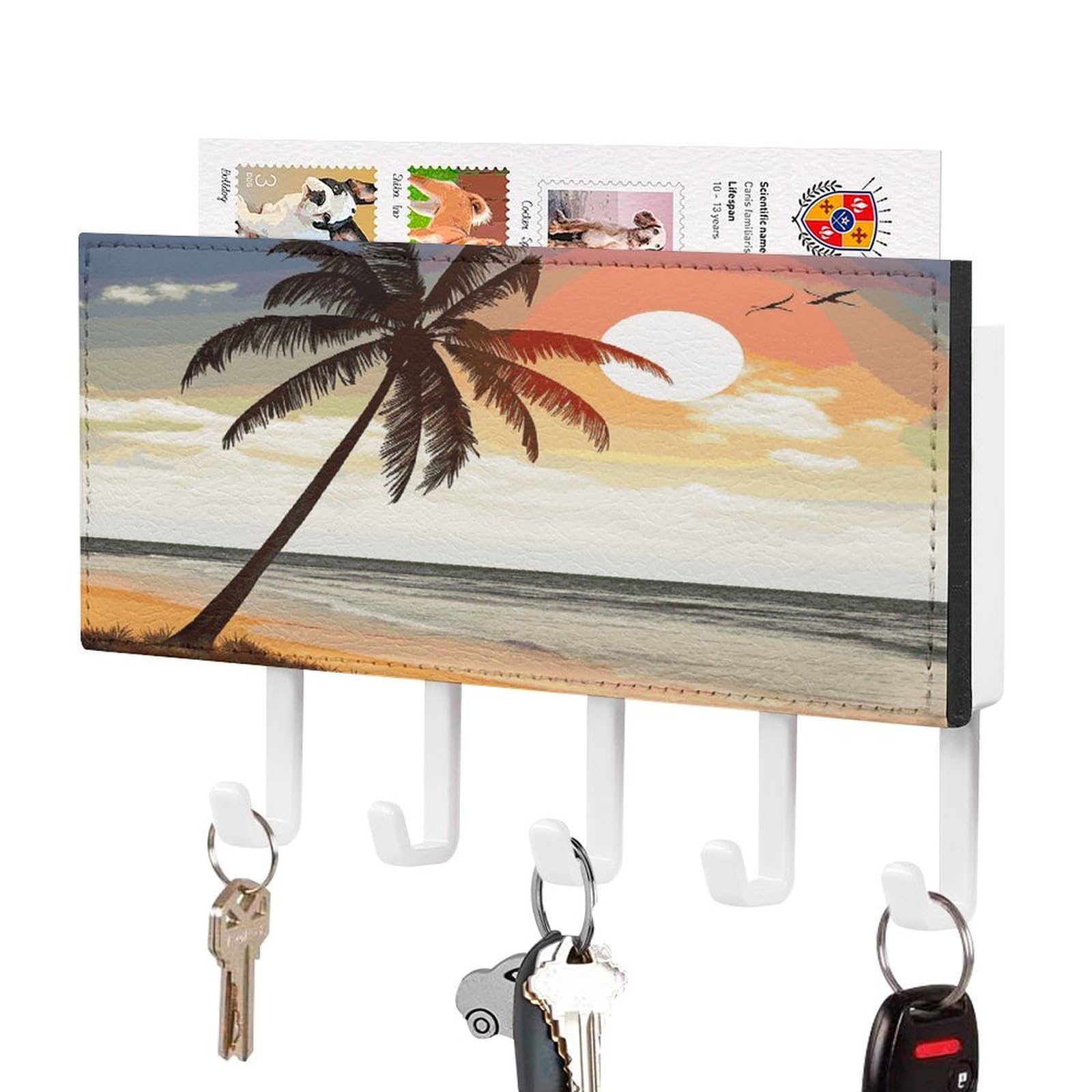 Fekiloot White-Style Palm Tree On Beach Key Holder For Wall Decorative Mail Organizer With 5 Key Hook Self Adhesive Key Rack With Tray Coat Rack Wall Mount Key Hanger Decor For Entryway Door