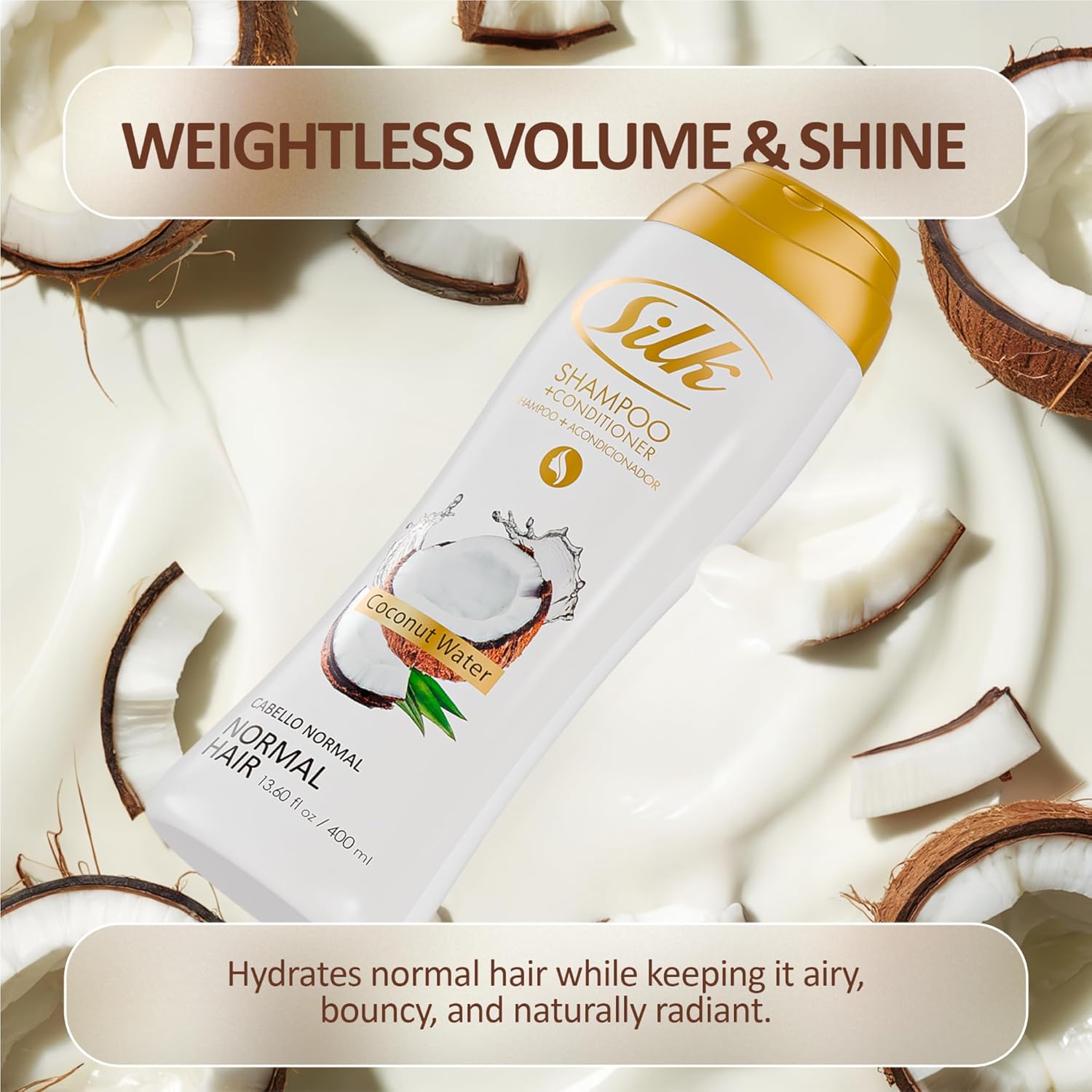 SILK 2 in 1 Shampoo and Conditioner for Normal Hair – Moisturizing Wash with Coconut Oil – Anti-Frizz, Detangling & Smoothing for Men & Women – Coconut Water Scent, 13.6 fl oz (Pack of 6)