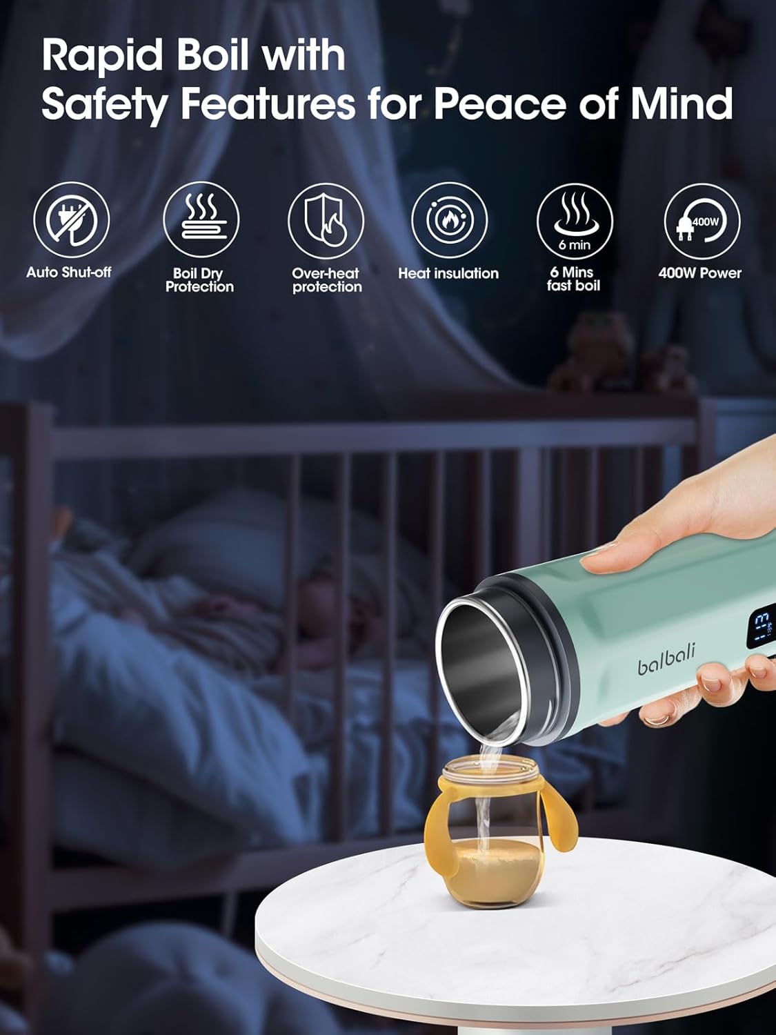 balbali 18.6oz Portable Kettle for Travel 100-250V Dual Voltage for International/Global/Europe - 6 Preset Travel Electric Kettle Hot Water Boiler/Heater/Warmer/Tea Maker - Green - Image 8