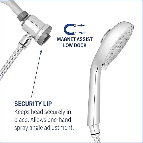 Miniatura 3 de Waterpik Cabezal de ducha magnético de doble muelle de altura ajustable con manguera de metal de 5 pies y masaje de ducha PowerPulse cromado