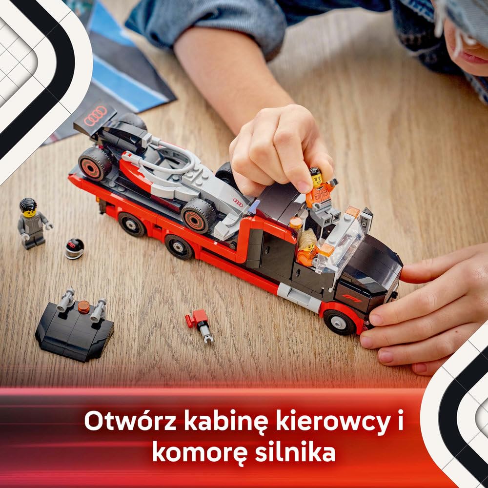 LEGO City Ciężarówka F1 z bolidem Audi F1, zabawka dla dzieci do zbudowania, pomysł na prezent dla 7-latka, dla chłopca i dziewczynki na urodziny, ozdoba na biurko dla fana wyścigówki z klocków 60493