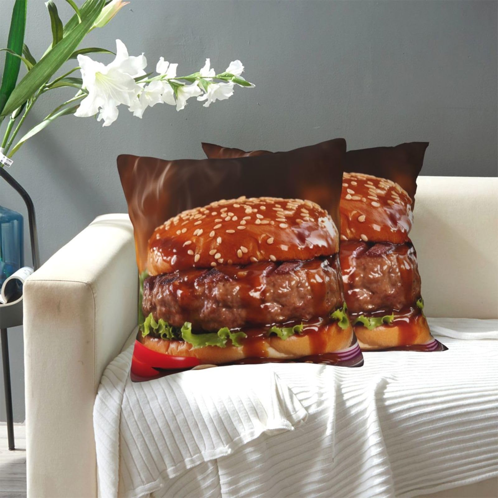 FekiLoot Decorative Throw Pillow Covers Modern Farmhouse Pillowcase Double Sided Cozy Cushion Cover for Sofa Couch Bed 16"X16" Hamburger Steak Fast Food