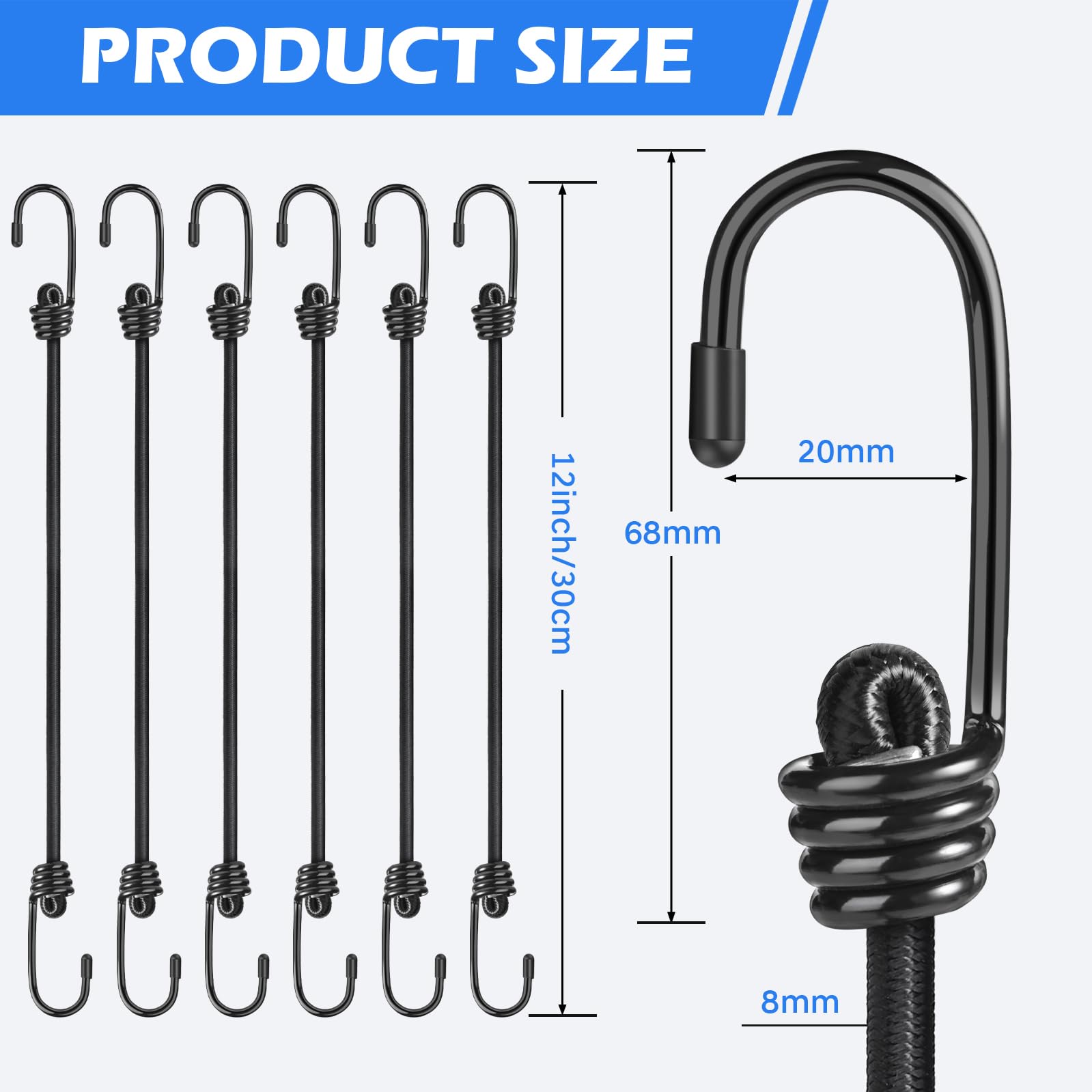 Kshineni 30cm Bungee Cords with Hooks, 6 Pcs Heavy Duty Outdoor Elastic Bungee Straps - Image 2