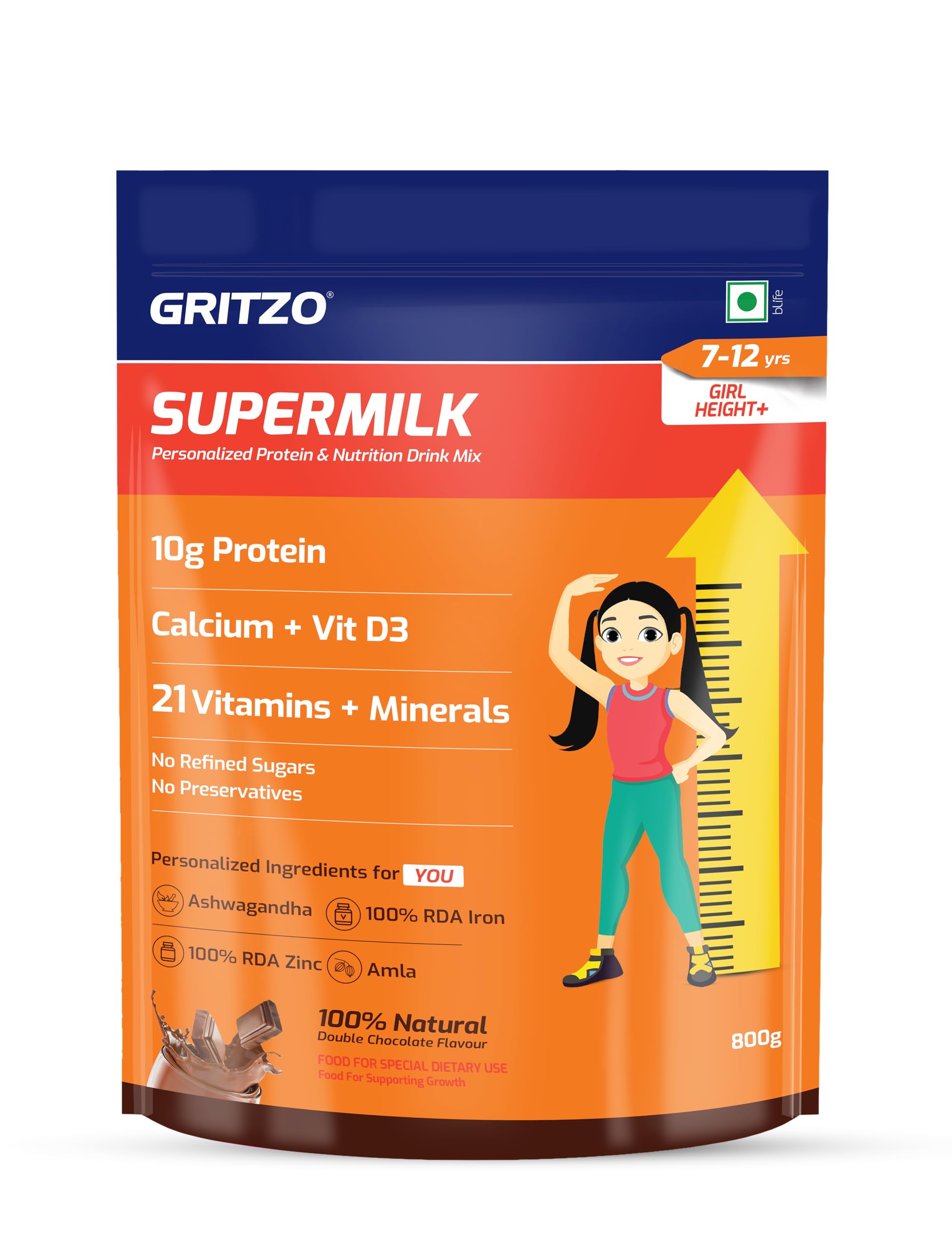 Gritzo SuperMilk Height+ (7-12y Girls), 10g Protein Powder (Double Chocolate, 800g) | Zero Refined Sugar, 21 Vitamins & Minerals