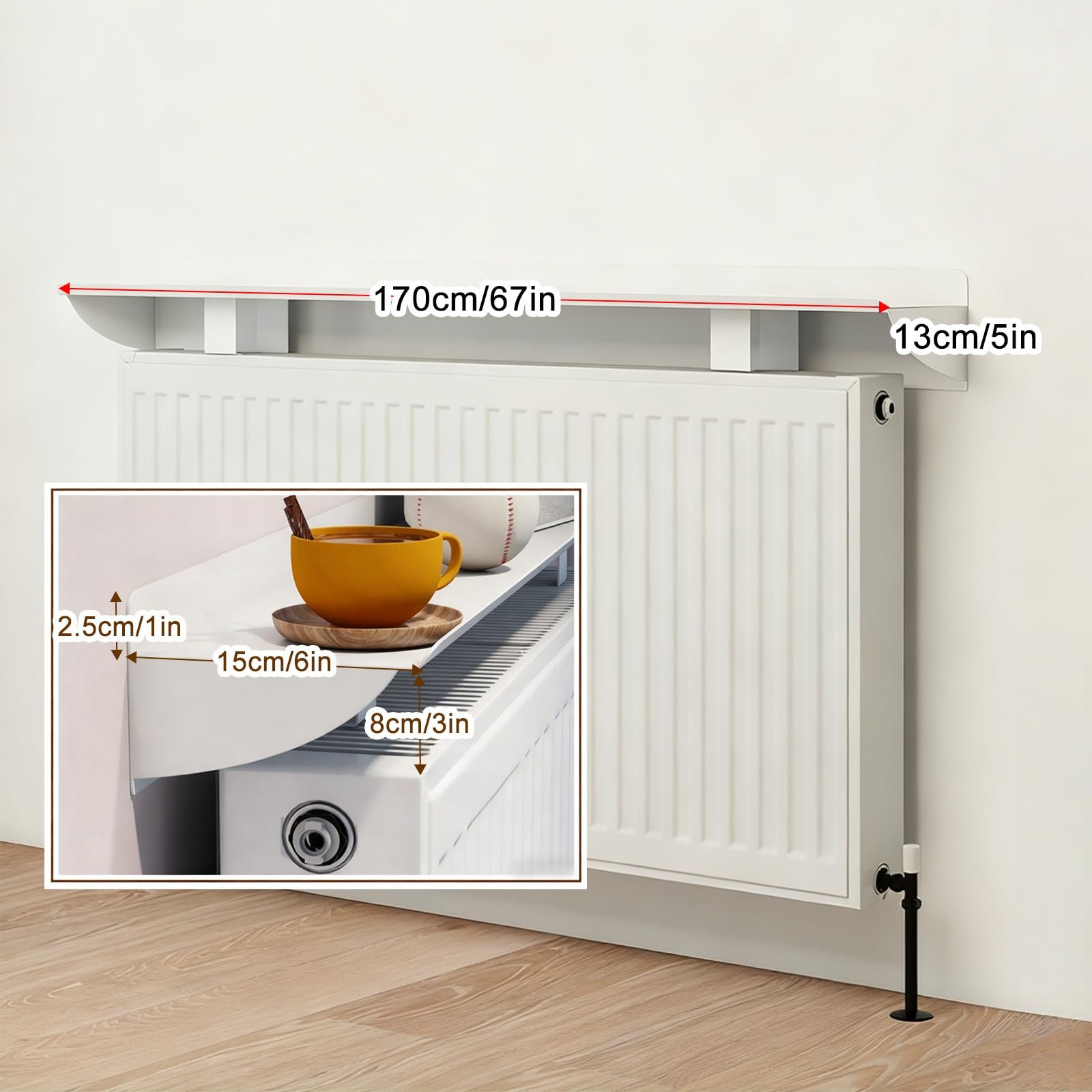 Soporte Radiador Pared, Estante Flotante, Mueble Radiador, Aleación de Aluminio, es Desmontable y Adecuado para Salas de Estar, Cocinas, Baños, Oficinas y Otros Lugares(170cm/67in)