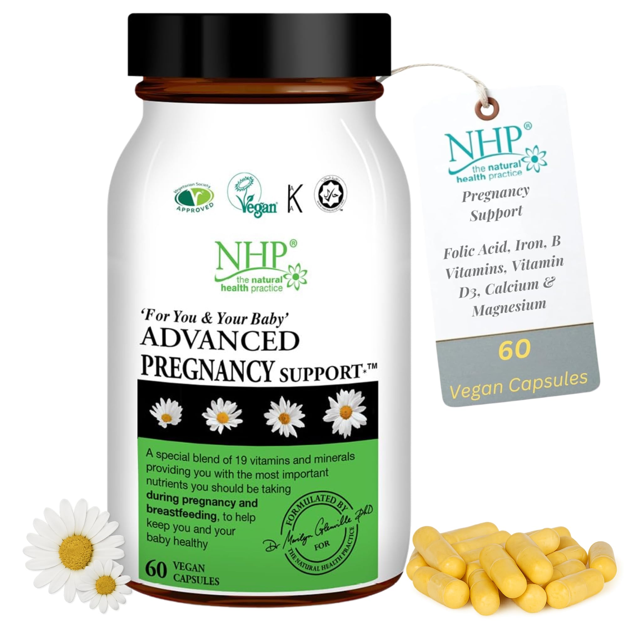 NHP Advanced Pregnancy Support - Multivitamin & Minerals for Healthy Pregnancy - Folic Acid, Iron, B Vitamins, Vitamin D3, Calcium & Magnesium -Vegan, Kosher, Halal - 60 Vegan Capsules