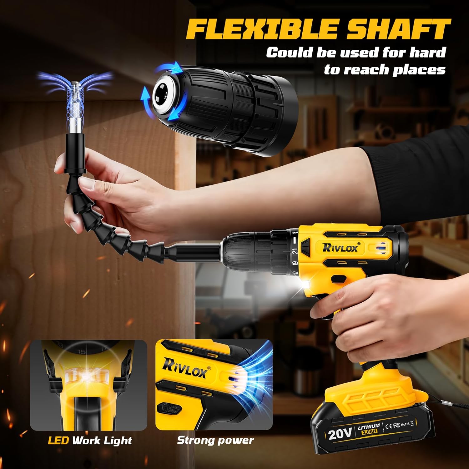 20V Cordless Drill Set,Electric Power Drill Cordless,Power Drill Drivers,Electric Screwdriver - 2.0Ah Batteries, 30Nm，21+1 Torque,2 Speed, Built-in LED,Kit for Home, Yellow