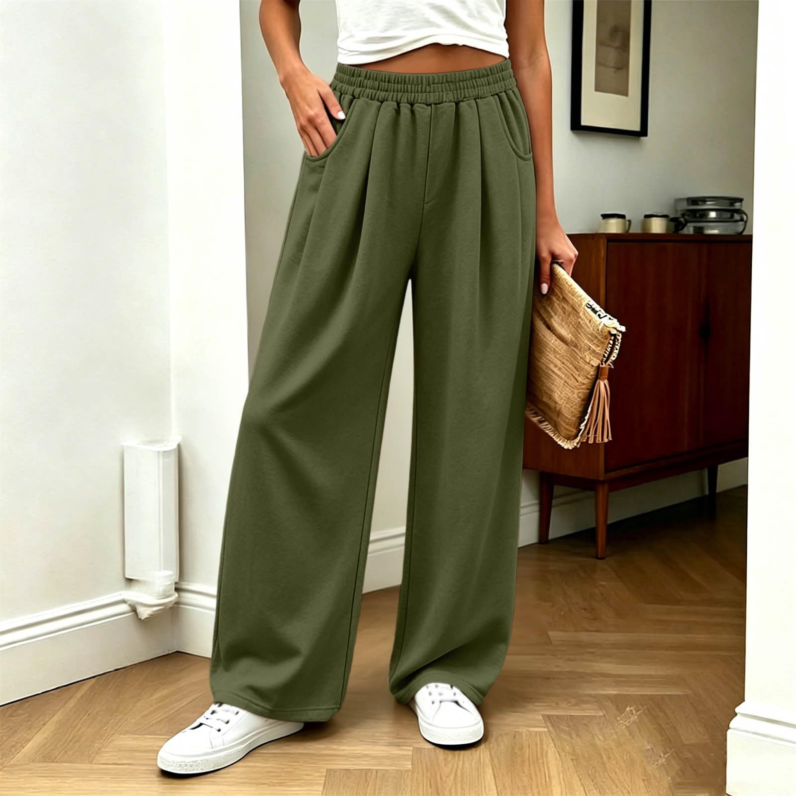 KHIRVWL Pantaloni da Jogging Donna Pantaloni Lunghi a Vita Alta Pantlone Cotone con Coulisse Regolabile Leggeri e Comodi Pantalone da Corsa con Tasche Plissettato Pants Baggy per Yoga e Fitness