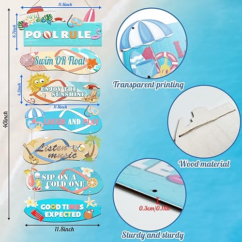 Miniatura 2 de YEXEXINM Paquete de 7 letreros de madera con reglas de la piscina, 40 x 11.8 pulgadas, decoración de piscina al aire libre, pantuflas de verano para