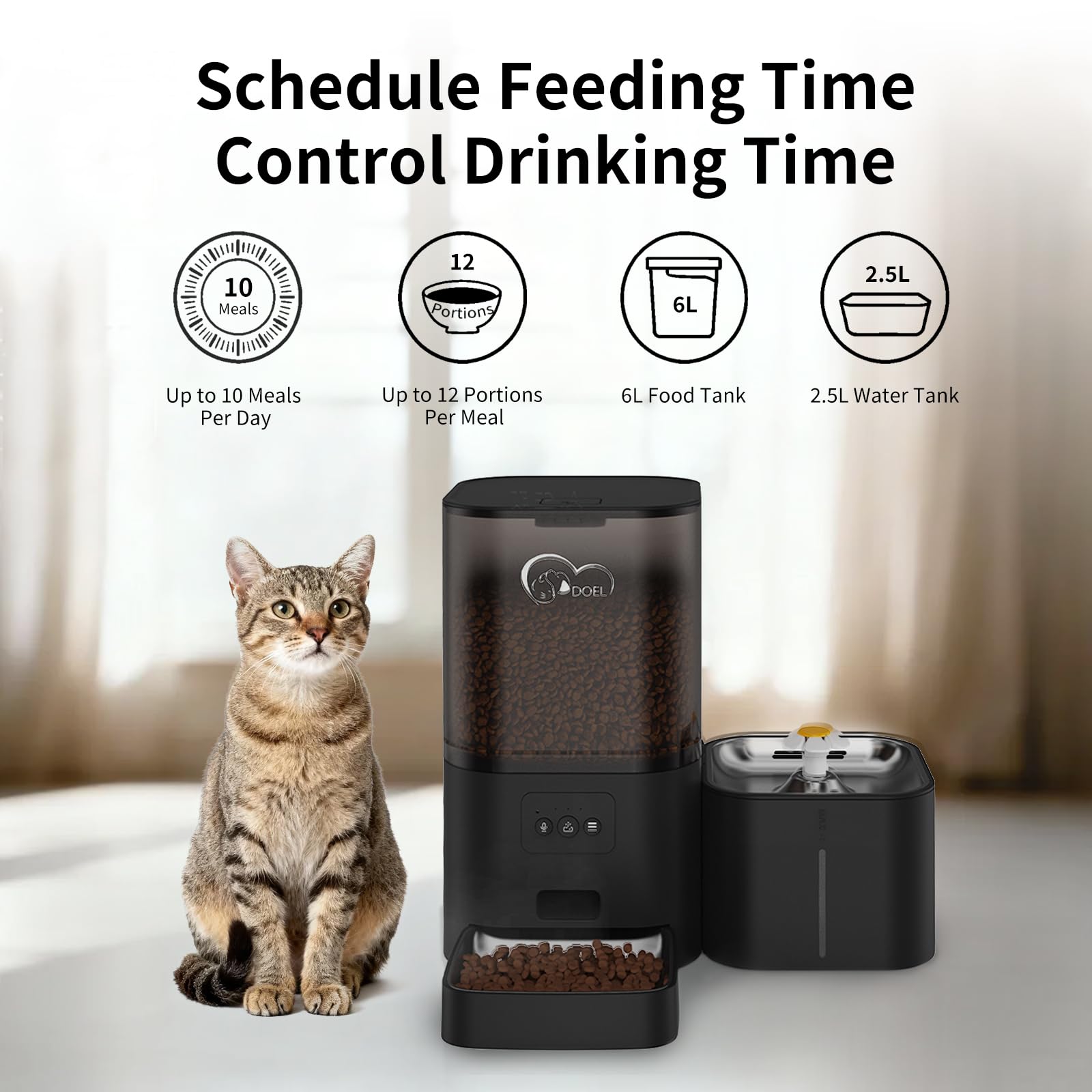 DOEL Distributore automatico di cibo secco 2 in 1 per gatti, grande capacità da 6 litri + dispenser d'acqua da 2,5 l con controllo app, registrazione vocale, alimentazione programmata per gatti e cani