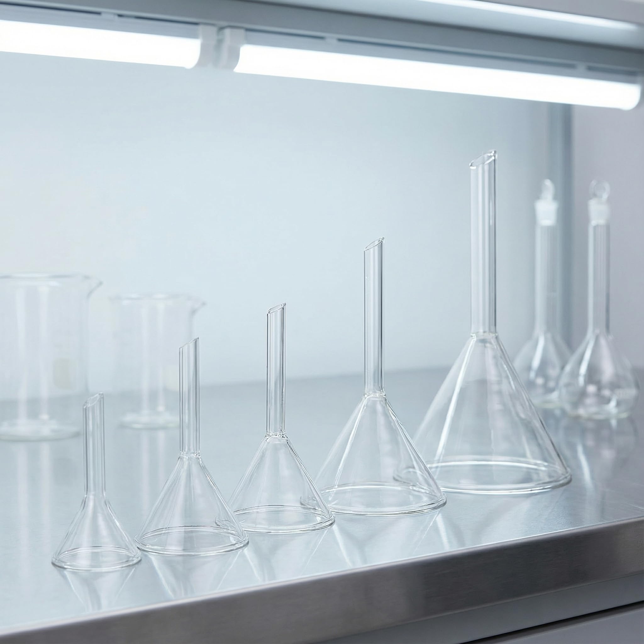 VILLCASE 5 Stück Labor Trichter, Glastrichter, Transparent Borosilikat Glas Mini Trichter, 30mm, 40mm, 50mm, 60mm, 75mm Durchmesser, Ideal für Chemie Experimente und Flüssigkeiten