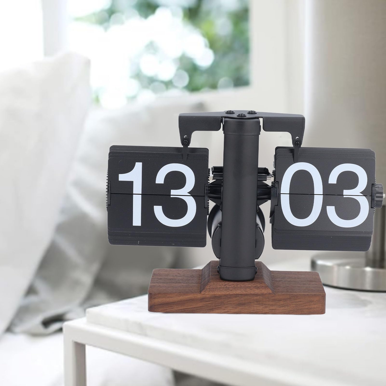 Reloj abatible Digital Retro, 24 Horas, Reloj de Giro de página automático, con Engranaje Interno, con Tapa mecánica, Funciona con Pilas, Base de Madera para el hogar, Sala de (do)