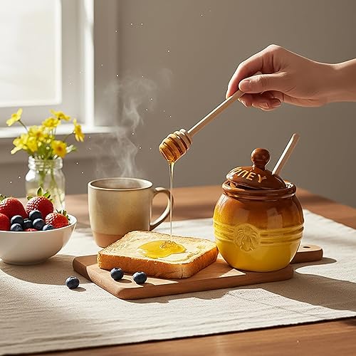 Miniatura 5 de Hiceeden Paquete de 2 macetas de cerámica para miel con tapa y tapa de 12 onzas, contenedor de almacenamiento de miel en relieve de abeja para