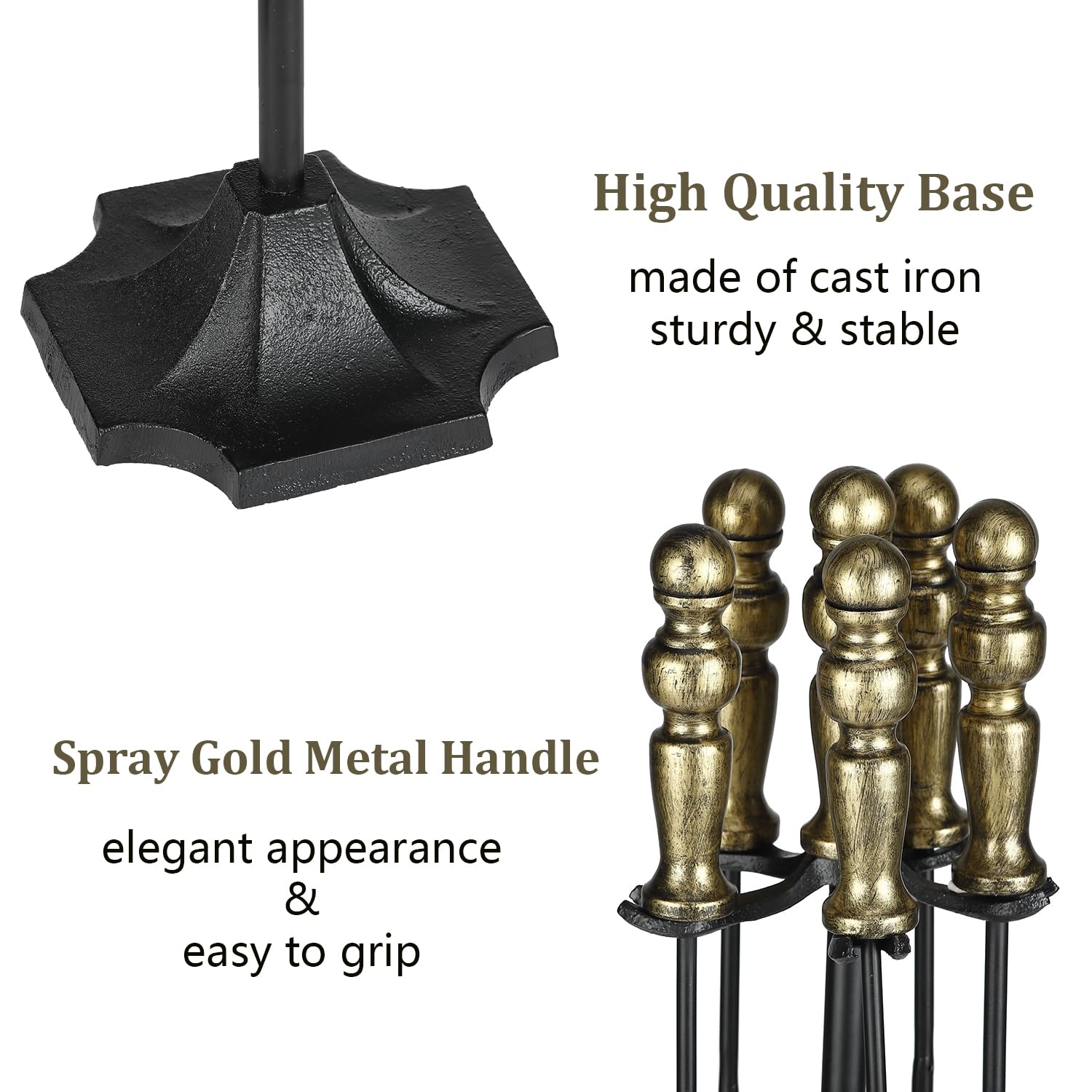 Fireplace Tools Set 5 Pcs Wrought Iron Fire Place Tools, Fireplace Tool Kit with Gold Handle for Indoor Fireplace Outdoor Fire Pit, Heavy Duty Base with Fire Poker, Fire Tong, Fire Shovel, Fire Brush