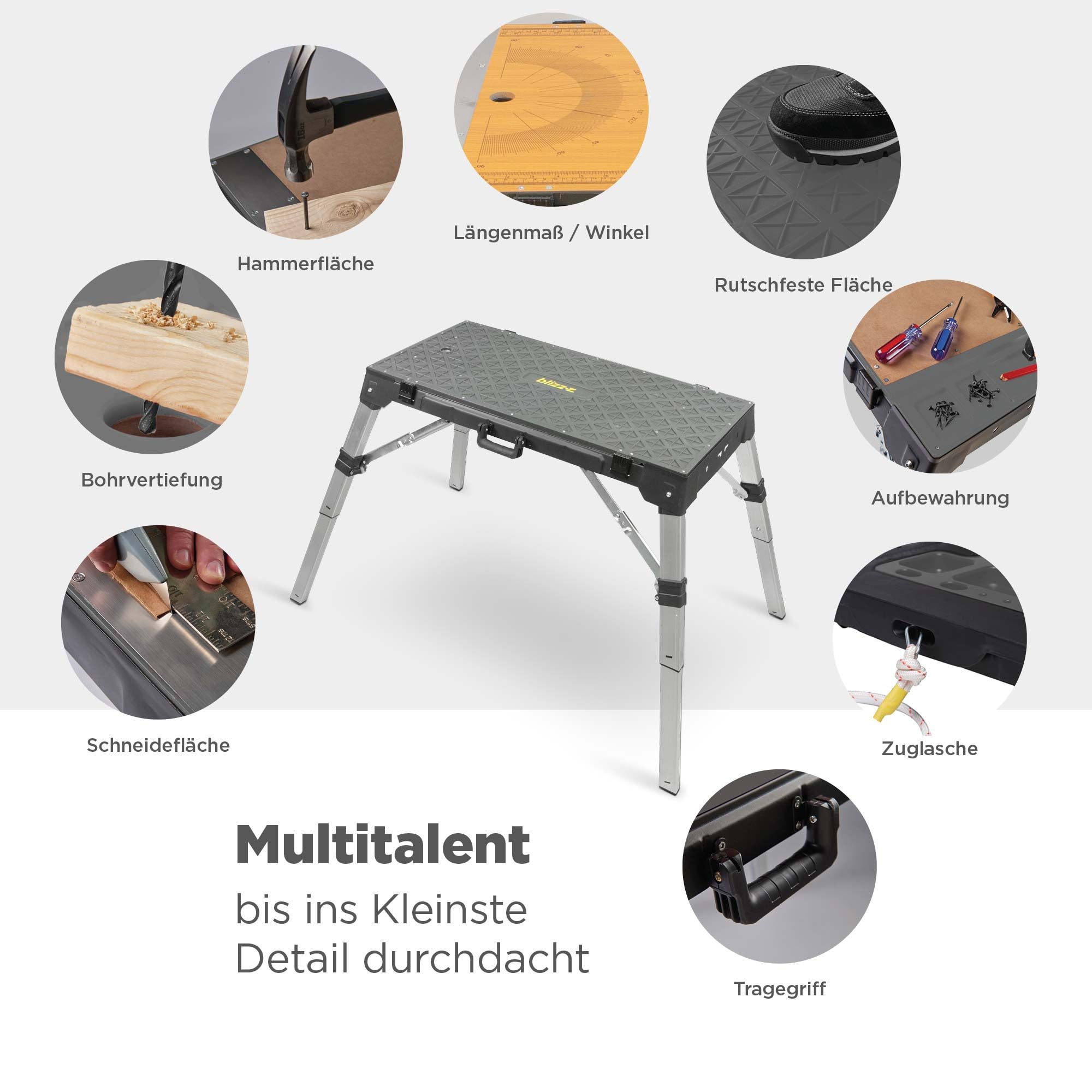blizz-z 4-in-1 Multifunktions Arbeitstisch Maße 98 x 52 cm | verstellbar klappbar tragbar | universell als Werkbank, Transportroller & Werktisch einsetzbar | für komfortables rückenschonendes Arbeiten