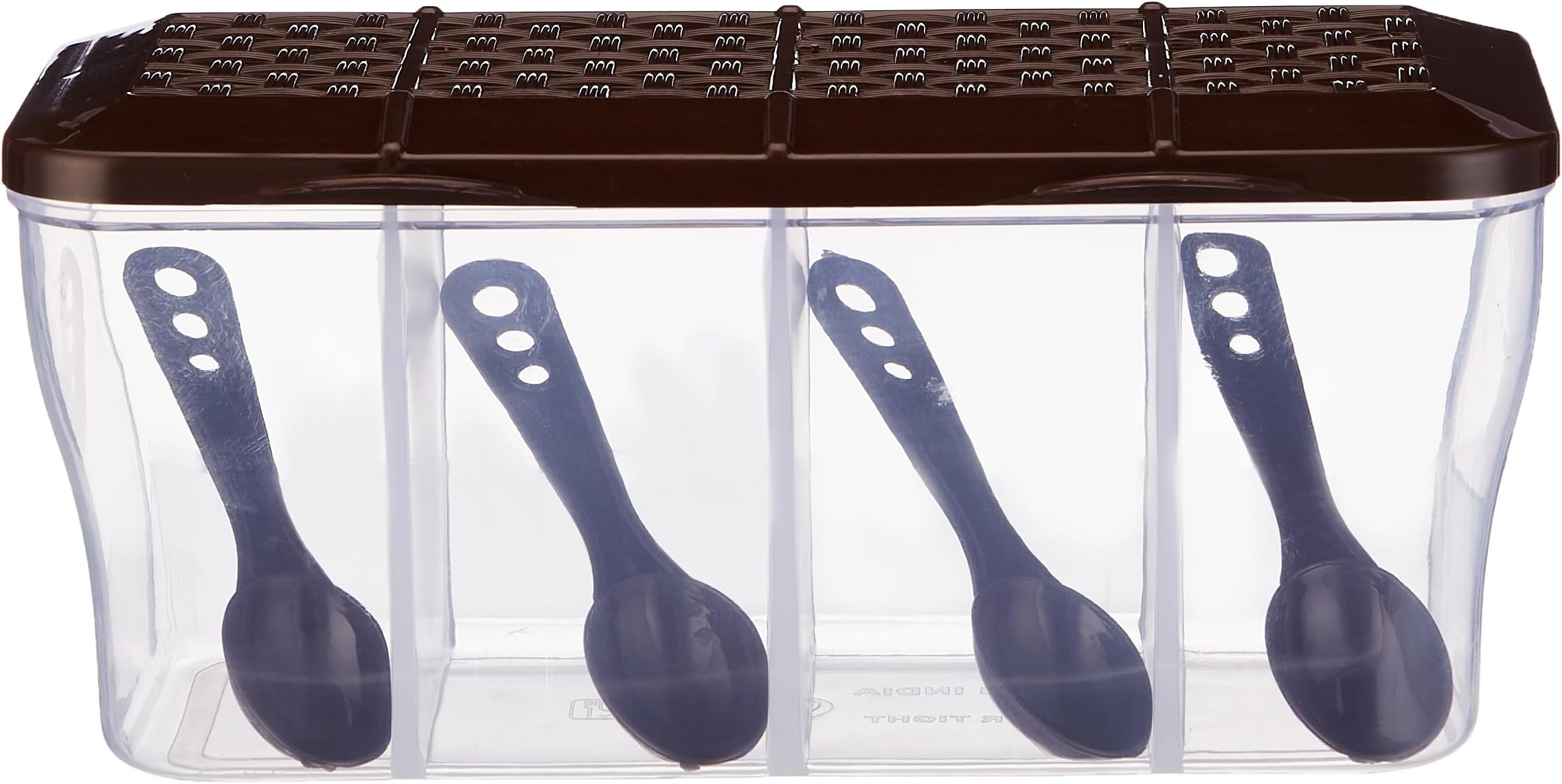 Multipurpose Plastic 4 In 1 Masala Box for Kitchen, Transparent Pickel Box, 4 Compartment Storage Container Airtight For Cereal, Dry Fruits Dabba1800 Ml with 4 Spoons(Brown)
