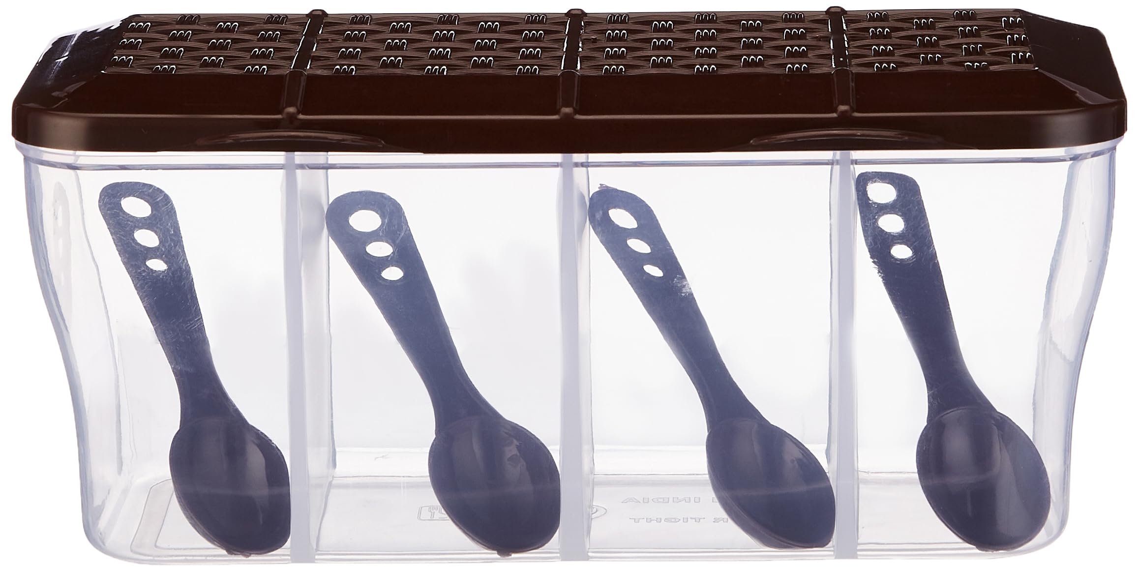 RILION Multipurpose Plastic 4 In 1 Masala Box for Kitchen, Transparent Pickel Box, 4 Compartment Storage Container Airtight For Cereal, Dry Fruits Dabba1800 Ml with 4 Spoons(Brown)