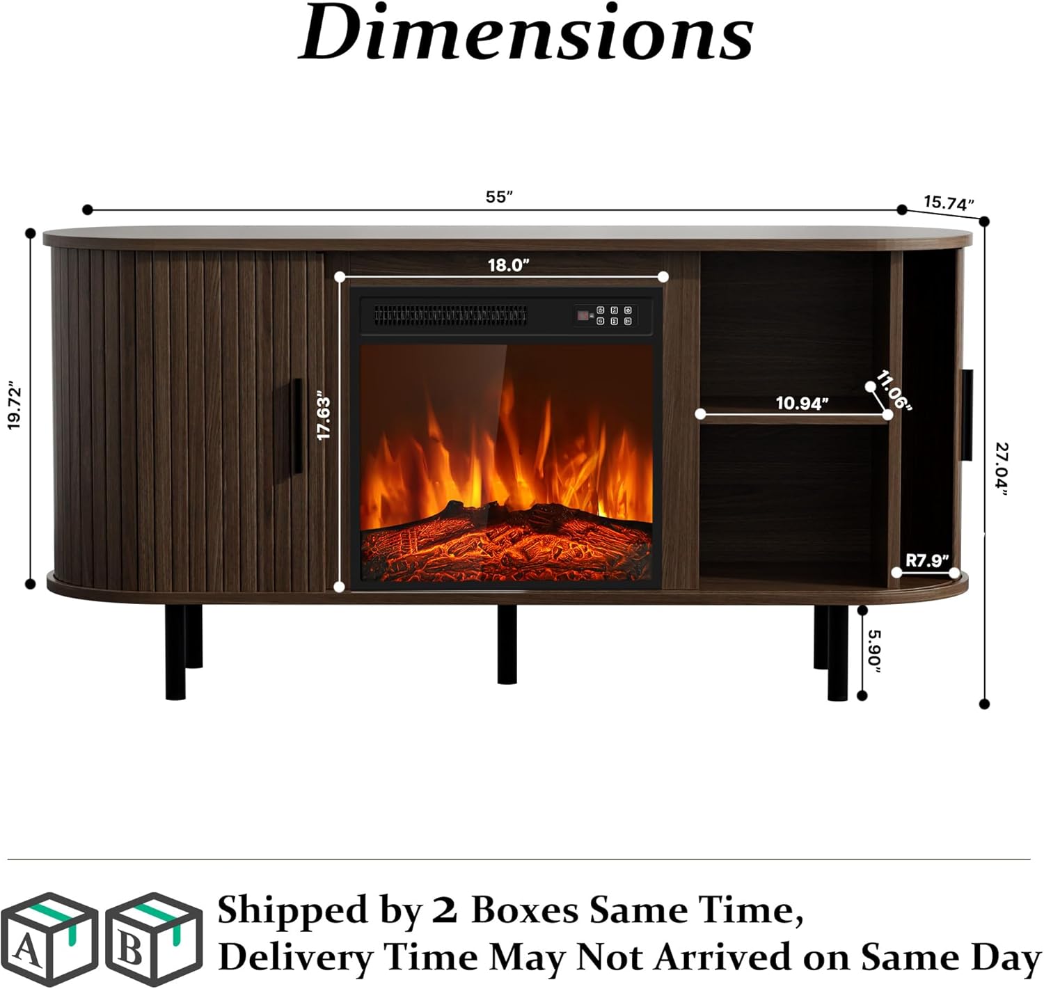 55" Fluted Fireplace TV Stand, Modern Entertainment Center for TVs Up to 65 inch, TV Console with Sliding Door, Curved Profile Design, Media Console for Living Room, Walnut - Image 2