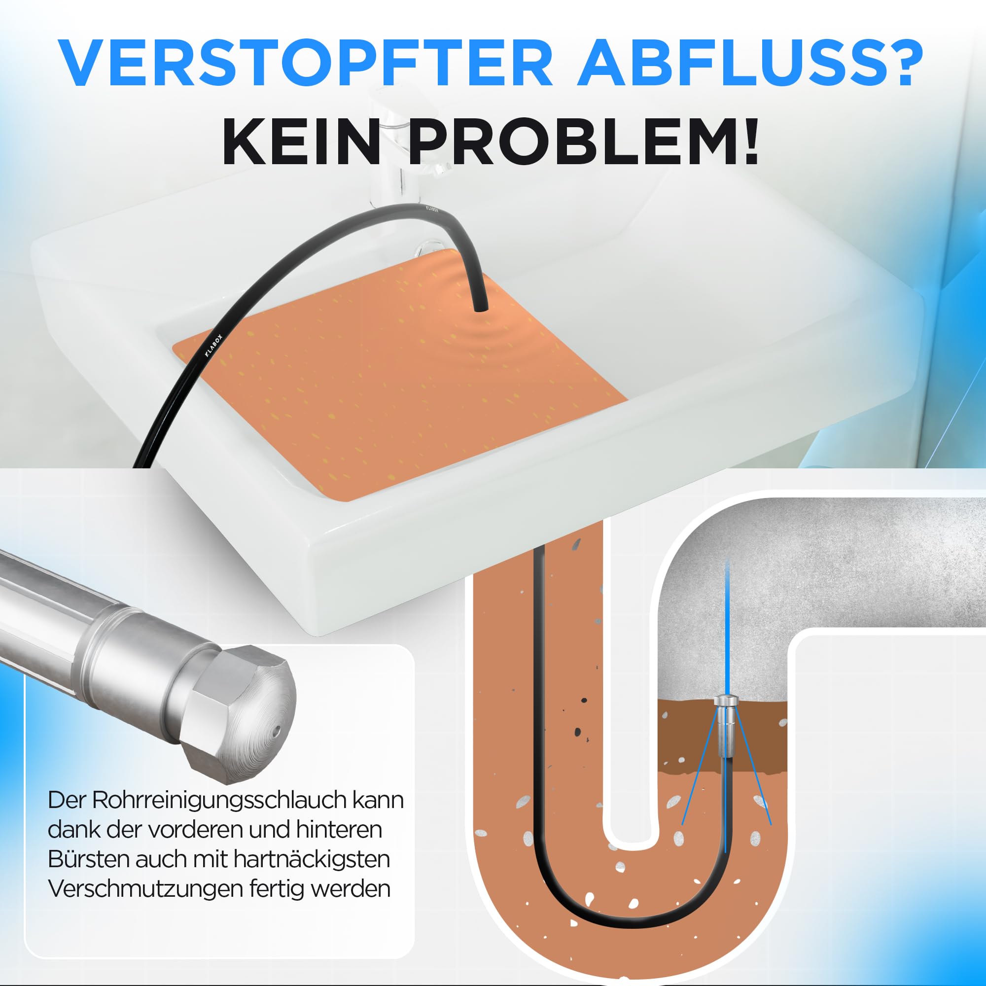 Rohrreinigungsschlauch 15m | Kärcher Rohrreinigungsschlauch für Karcher K2-K7, Lavor, Bosch, Parkside und weitere Marken | Inklusive 3 Adapter, 2 Düsen, 1 Tasche und 1 Teflonband