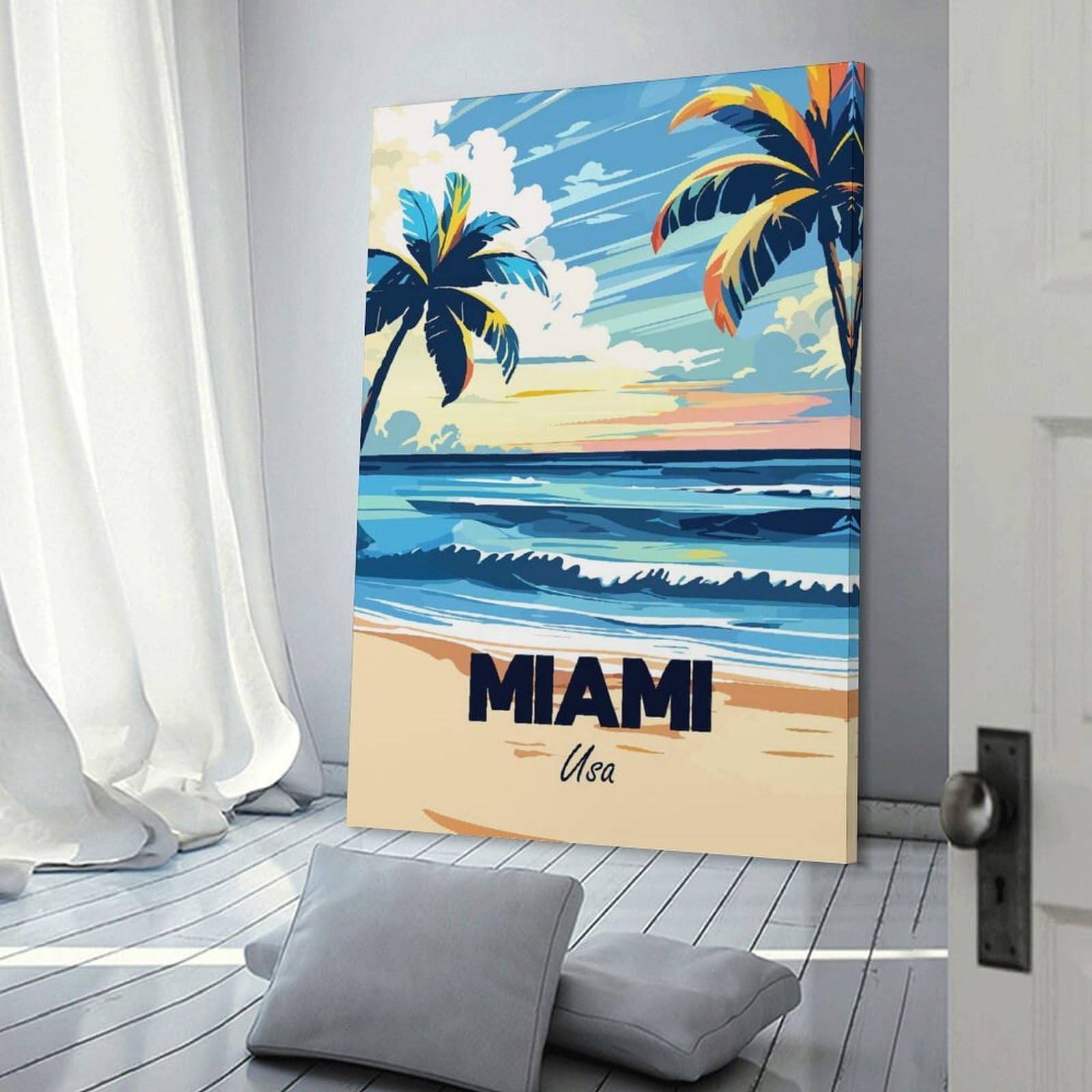 Junmoney Miami Beach Travel Wall Art Print, 12x18inch(30x45cm), for Bedroom Decor, Cosy Corners Or Studios, Decorative Wall Art for Cosy Rooms