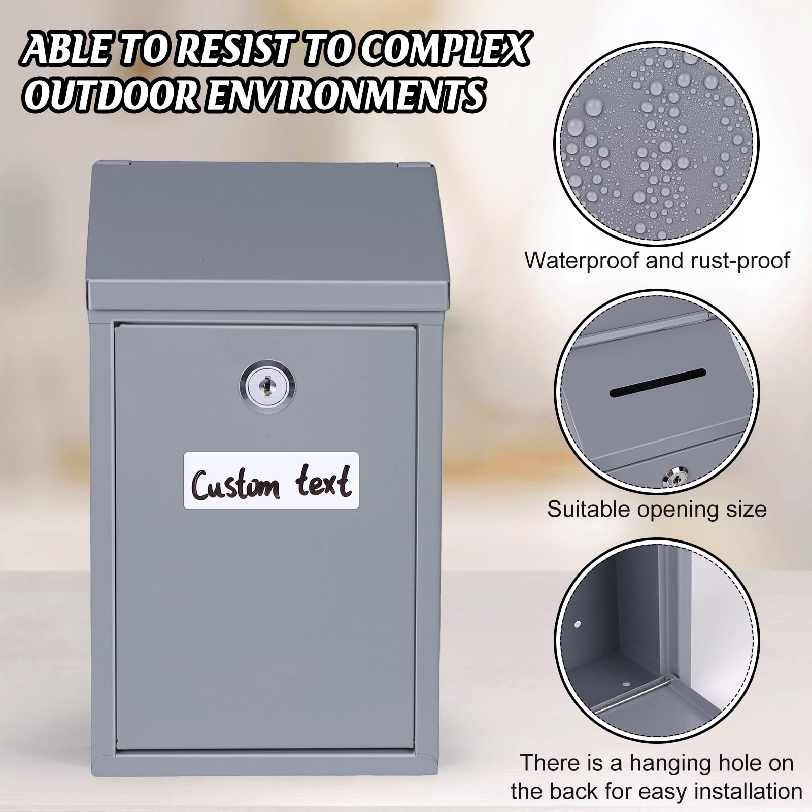 Caja de donación de metal, caja de colección de acero benéfico, buzón seguro con ranura superior y cerradura con llaves, soporte de pared, buzón impermeable para oficina en casa (gris, 10.2 x 5.7 x