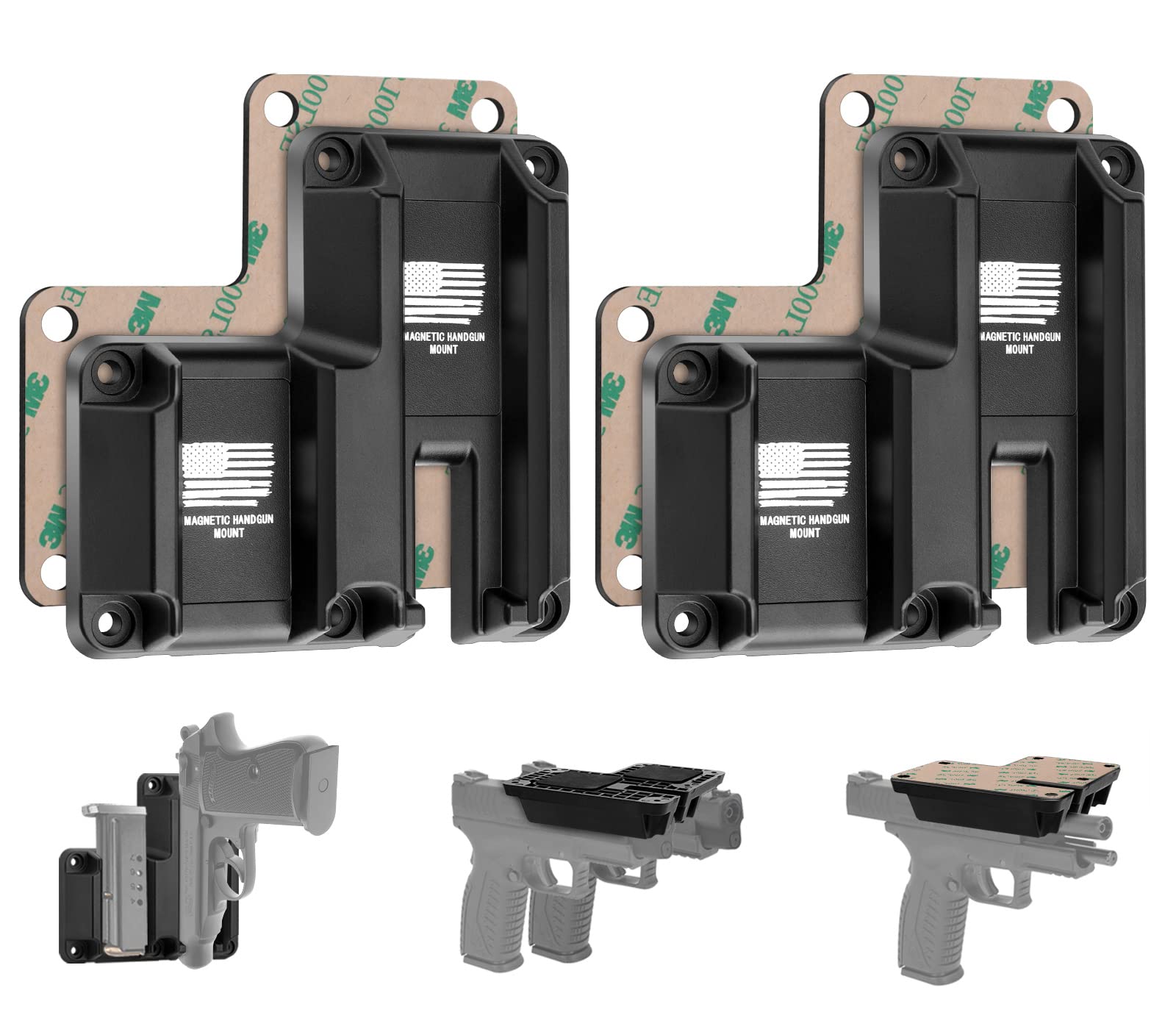 HUICOCY Gun Magnets No Drilling with 3M Adhesives, 2-in-1 Quick Load Gun Magnet Mount Rated Max up to 45 LBS, Concealed Magnetic Gun Mount and Gun Magnet for Vehicle, Car, Wall, Safe, Desk(Black)