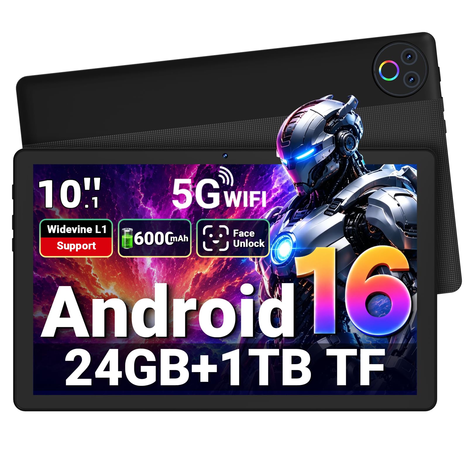 Gleeso Tablet Android 16 Tablet 10 Inch, 24GB RAM 1TB Expandable, 6000mAh Battery, Widevine L1, Face Unlock, WiFi 6, Bluetooth 5.4, Dual Cameras Tablet for Work & Entertainment